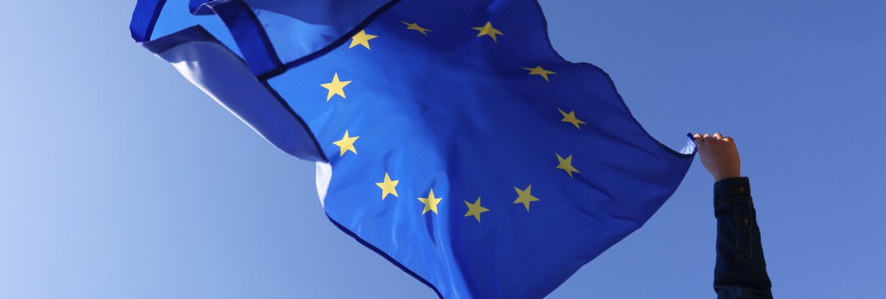 Person hält eine EU-Flagge in den Himmel